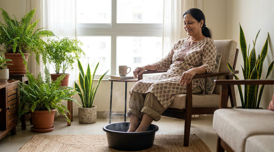 Elderly person soaking feet in Epsom salt water at home - Dr.Relax