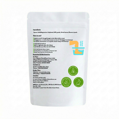 Dr.Relax epsom salt back label — magnesium sulphate foot soak for neendh nahi aathi better sleep and muscle pain India