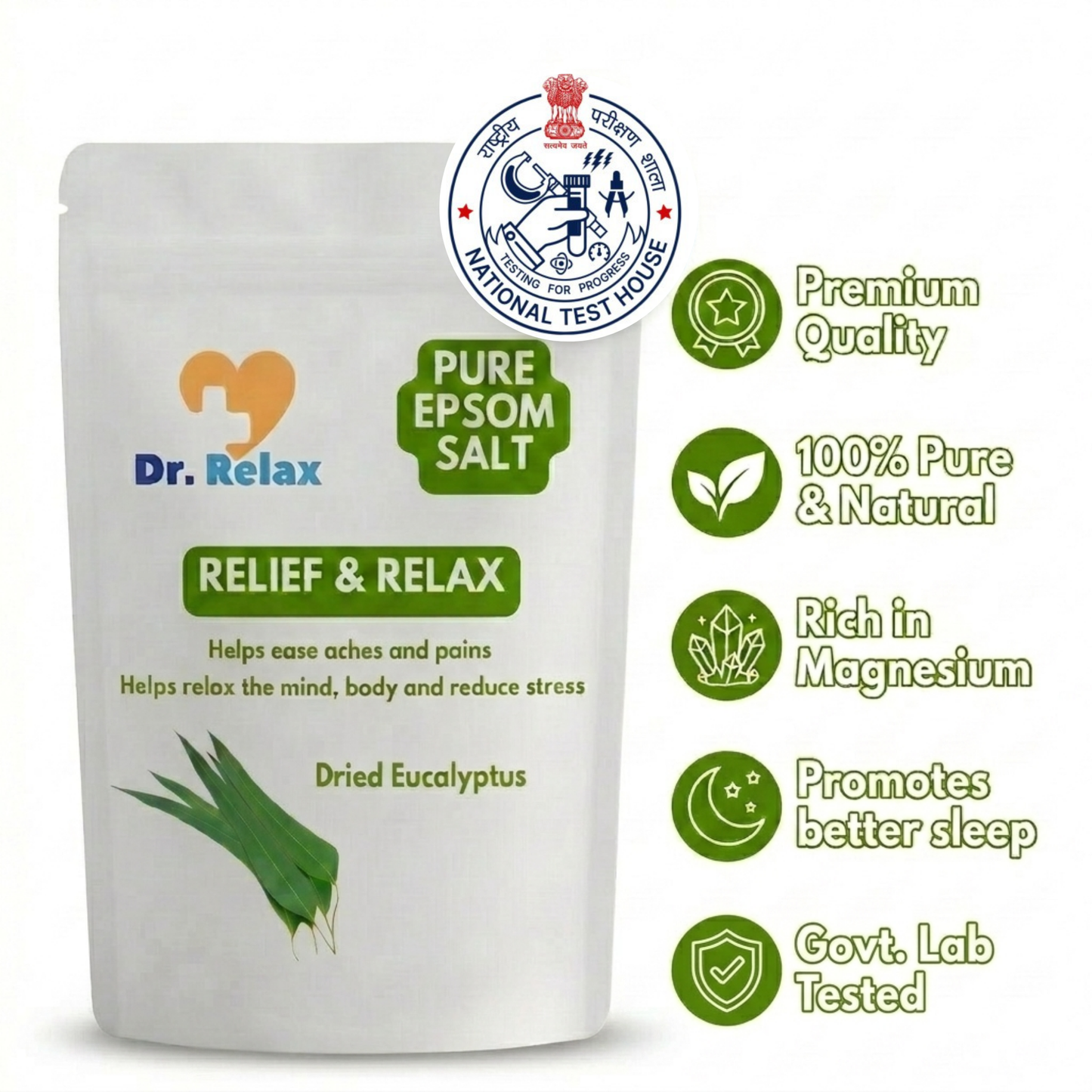 Dr.Relax NTH Govt lab-tested 99.8% pure epsom salt with dried eucalyptus — foot pain burning feet and leg cramps relief India 850g