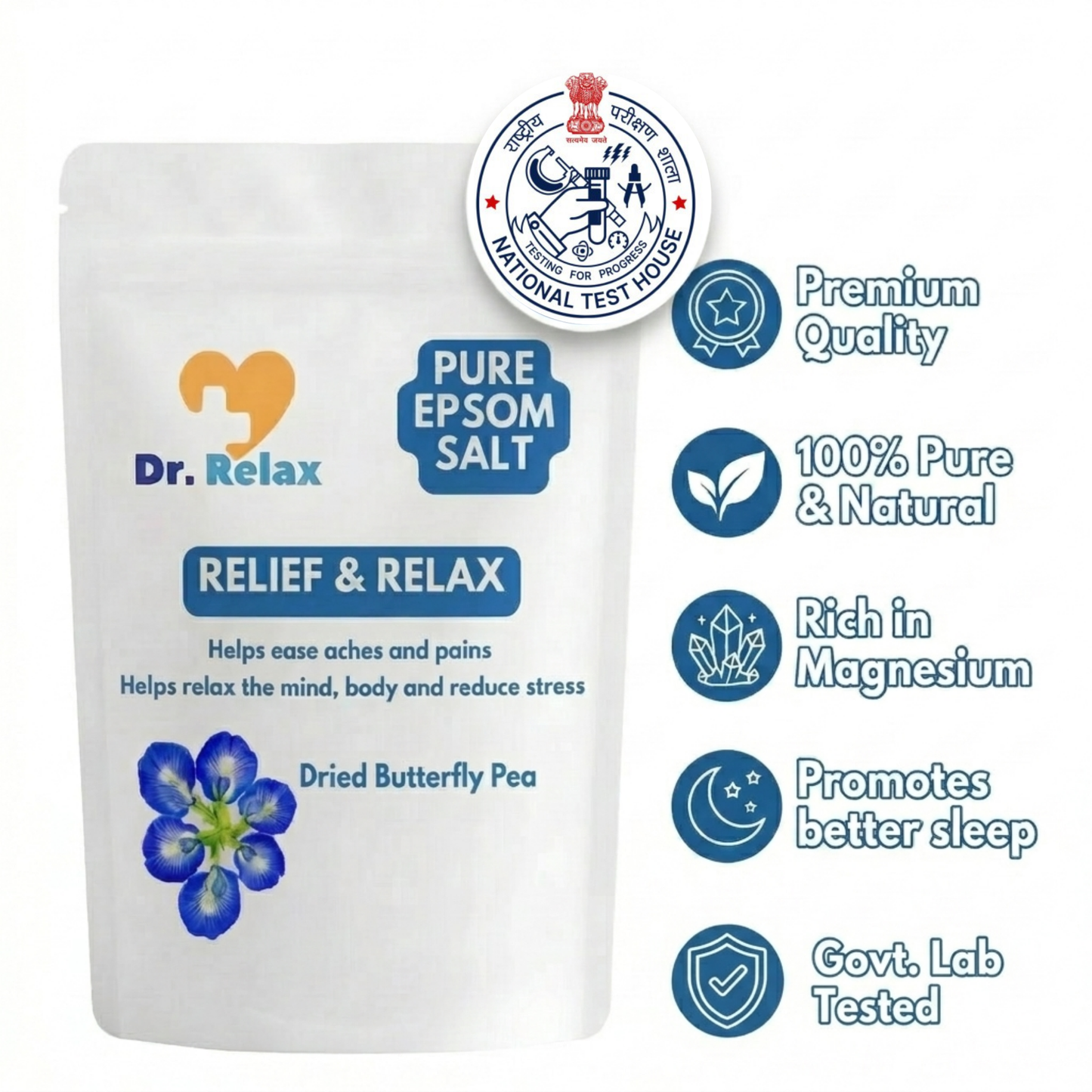 Dr.Relax NTH Govt certified butterfly pea epsom salt foot soak — antioxidant skin brightening stress relief India 850g