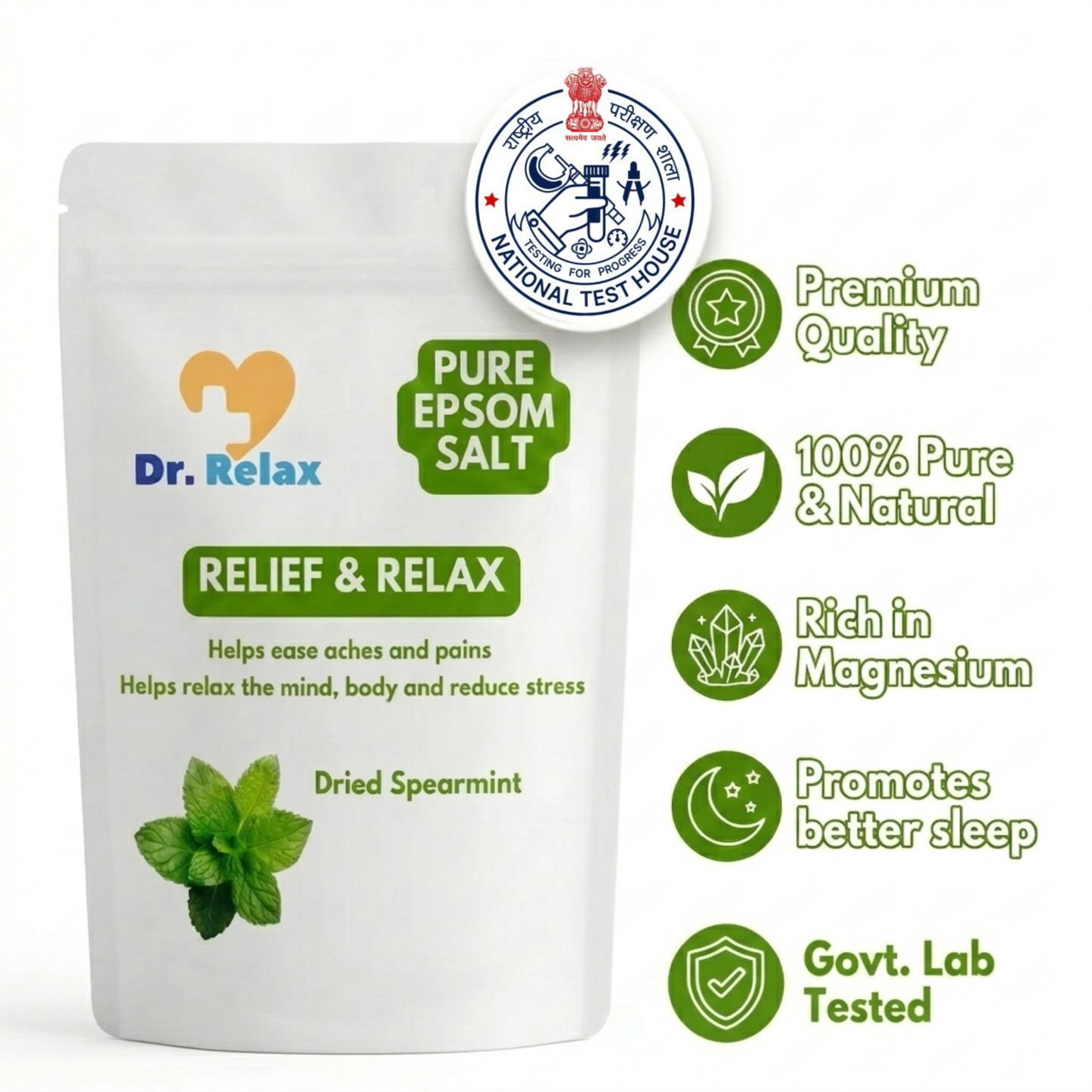 Dr.Relax lab-tested 99.8% pure epsom salt with spearmint 850g — warm soak for tired feet India