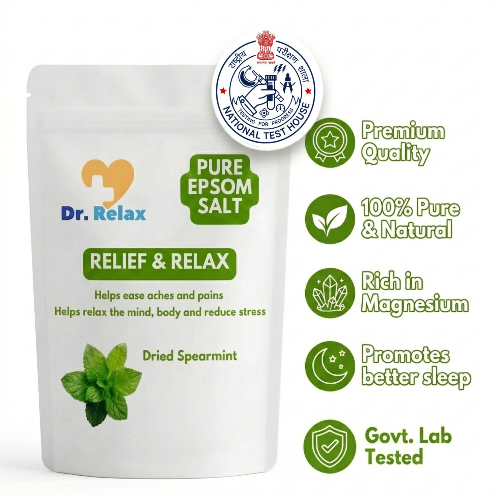Dr.Relax lab-tested 99.8% pure epsom salt with spearmint 850g — warm soak for tired feet India