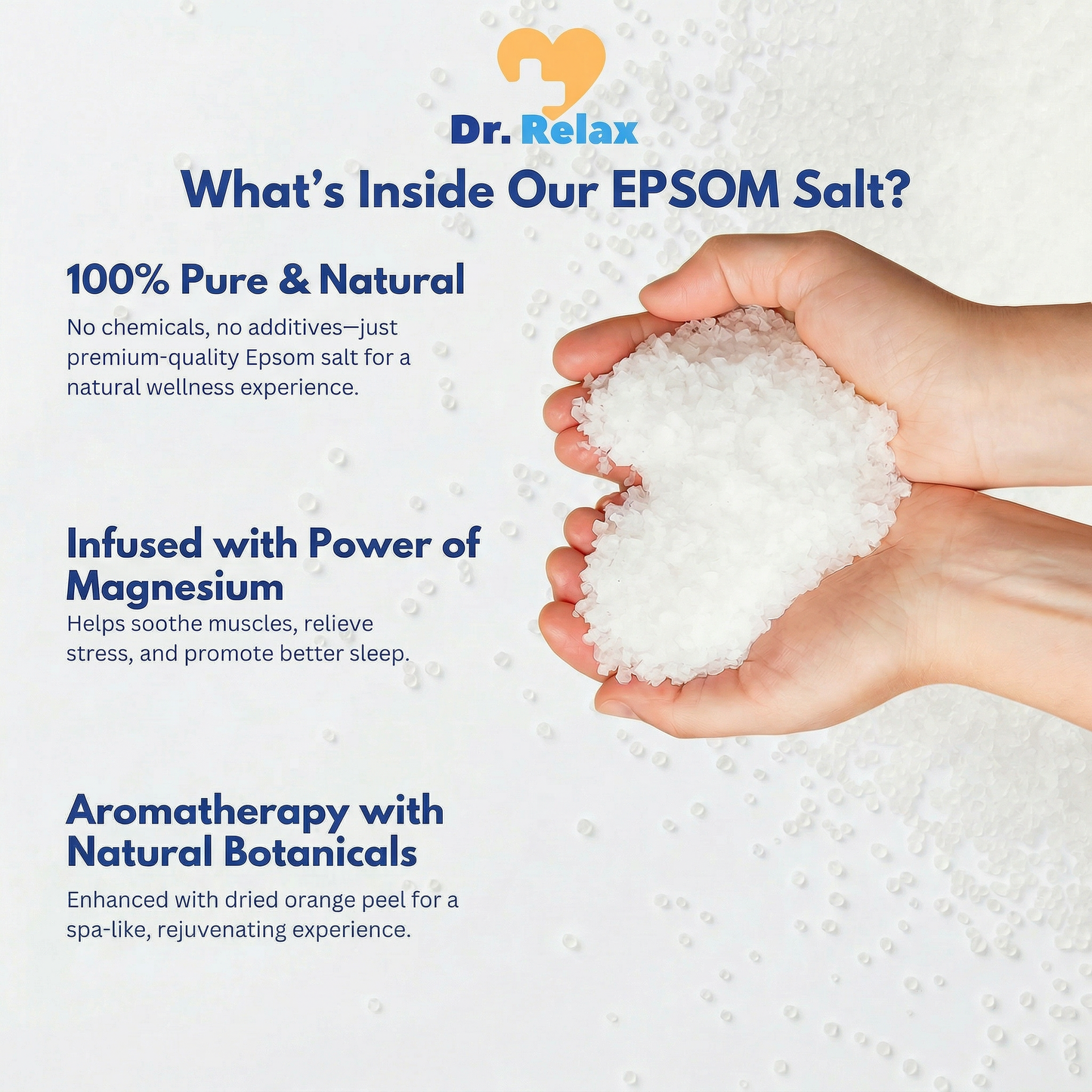 Ingredients in Dr.Relax epsom salt — 99.8% pure magnesium sulphate and dried eucalyptus leaves